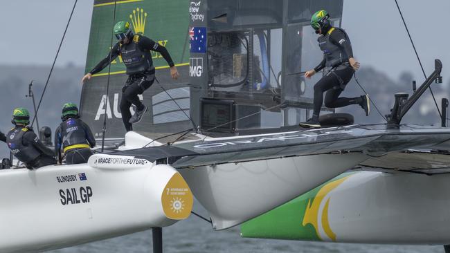 Australia SailGP Team helmed by Tom Slingsby on Race Day 1 of the Oracle San Francisco Sail Grand Prix held in San Francisco, California, USA. Saturday 22 March 2025. Rolex SailGP Championship Event 5 Season 2025. Photo: Felix Diemer for SailGP. Handout image supplied by SailGP