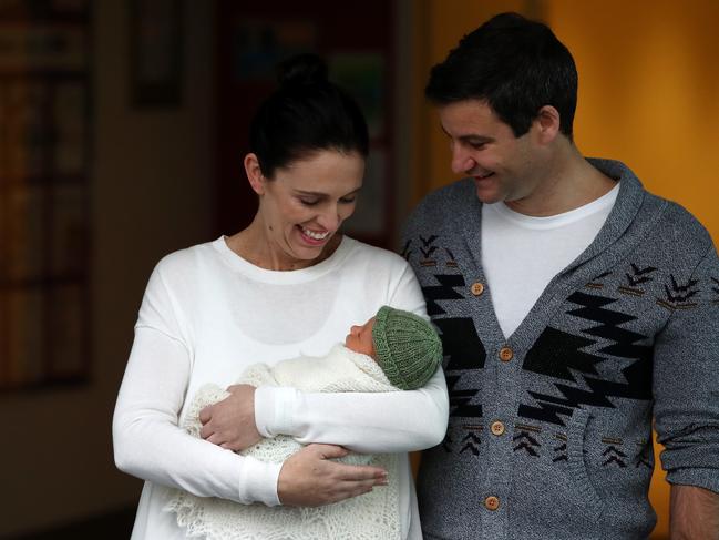 New Zealand Prime Minister Jacinda Ardern, fiance Clarke Gayford and their daughter Neve. Picture: Hannah Peters/Getty Images