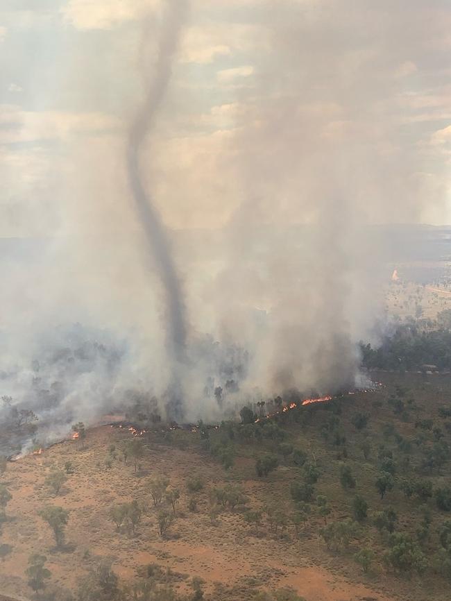 Firefighters have extinguished a bushfire south which burned 500ha south of Alice Springs and spawned a fire tornado. Picture: Bushfire NT