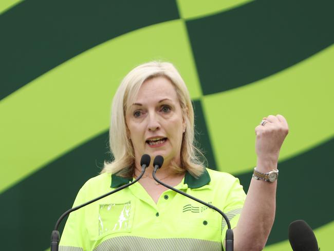 SYDNEY, AUSTRALIA - NewsWire Photos MARCH 14, 2024:Team Global Express Ceo Christine Holgate pictured speaking at the official launch of the Team Global Express Battery Electric Vehicle fleet. Eastern Creek. Picture: NCA NewsWire / Damian Shaw