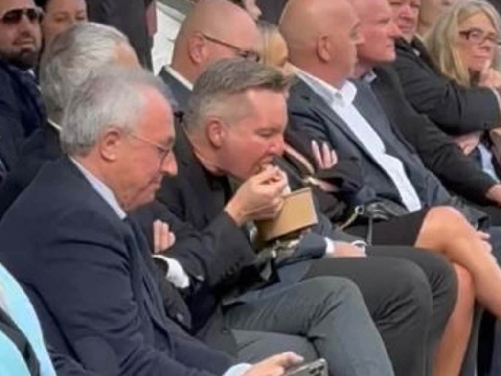 Screen grabs of a video showing Chris Bowen MP eating a bowl of pasta during mass at Club Marconi in Sydney. Picture: Supplied