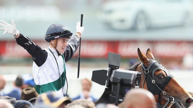 MELBOURNE, AUSTRALIA — OCTOBER 21: Boom Time ridden by Cory Parish celebrates after he wins the BMW Caulfield Cup during Melbourne Racing at Caulfield Racecourse on October 21, 2017 in Melbourne, Australia. (Photo by Michael Dodge/Getty Images)