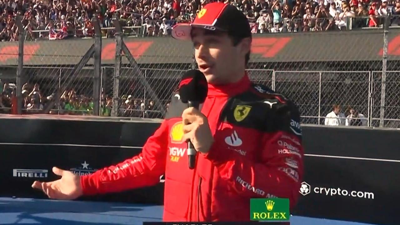Charles Leclerc was booed before he could even get a word in. Photo: Fox Sports.