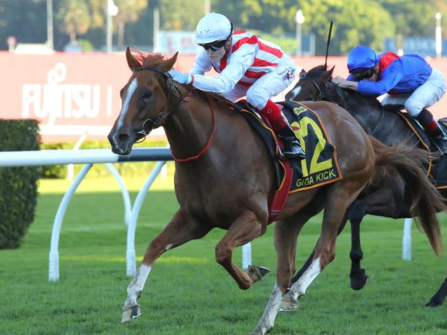 SYDNEY, AUSTRALIA - APRIL 15:  Craig Williams riding Giga Kick wins Race 8 Schweppes All Aged Stakes during "Schweppes All Aged Stakes Day" - Sydney Racing at Royal Randwick Racecourse on April 15, 2023 in Sydney, Australia. (Photo by Jeremy Ng/Getty Images)