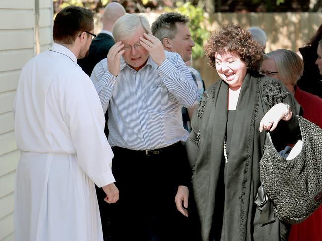 Former Prime Minister Kevin Rudd and wife Terese Rein leaving a service at St John the Baptist Anglican Church in Brisbane. Picture: Mark Cranitch.