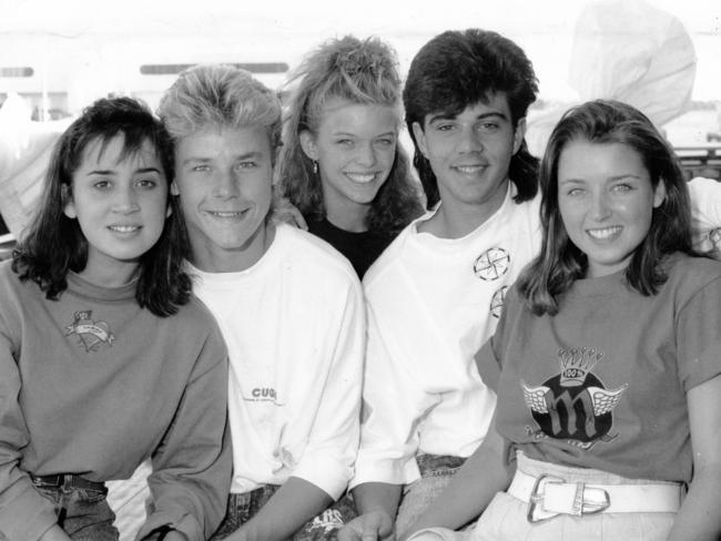 Young Talent Time’s Lorena Novoa, Beven Addinsall, Natalie Miller, Vince del Tito and Dannii Minogue in Adelaide in 1988.