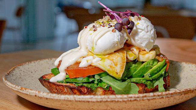 The sumptuous Halloumi stack is a breakfast hit at Lobby in the Lands building. Picture: Linda Higginson