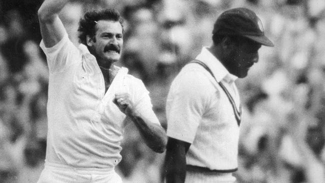 Dennis Lillee celebrates the wicket of Viv Richards. Picture: Clive Mackinnon