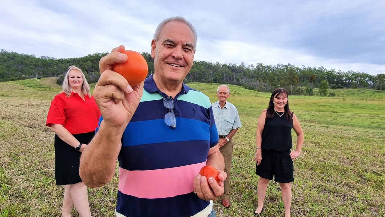 AUSTRALIA FIRST: Standing on the site of an upcoming $80m fresh produce processing facility at Withcott are (from left) Lockyer Fruit and Vegetable Ltd Cooperative managing director Cheryl Bromage, Lockyer Valley Fruit and Vegetable Food Processing Company CEO Colin Dorber, retired farmer and company investor Ivan Peters and co-operative director Marie King.