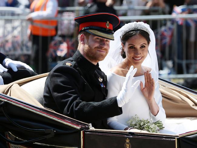 Harry and Meghan during their carriage procession. Picture: Aaron Chown – WPA Pool/Getty Images