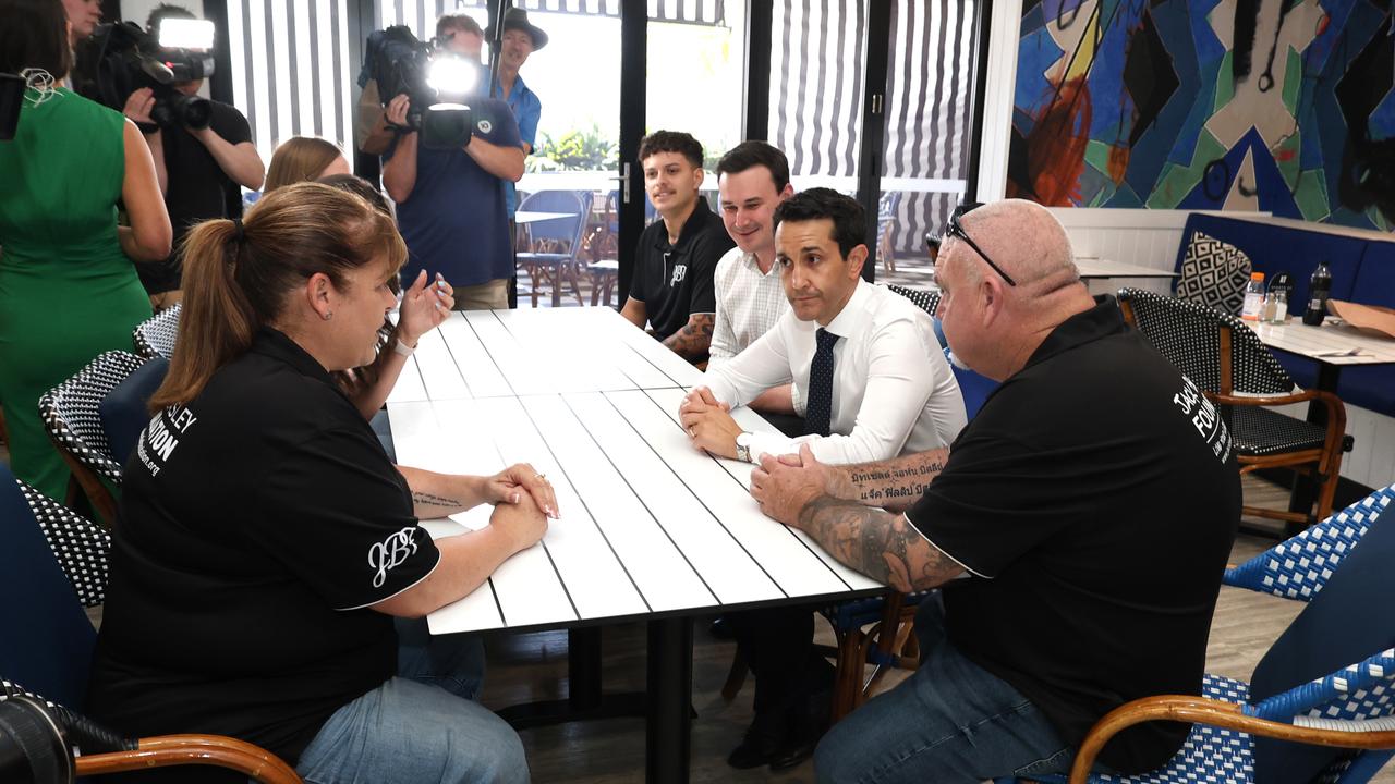 David Crisafulli pictured meeting Brett and Belinda Beasley parents of Jack Beasley last month to announce the LNP with make Jacks Law permanent. Picture: David Clark