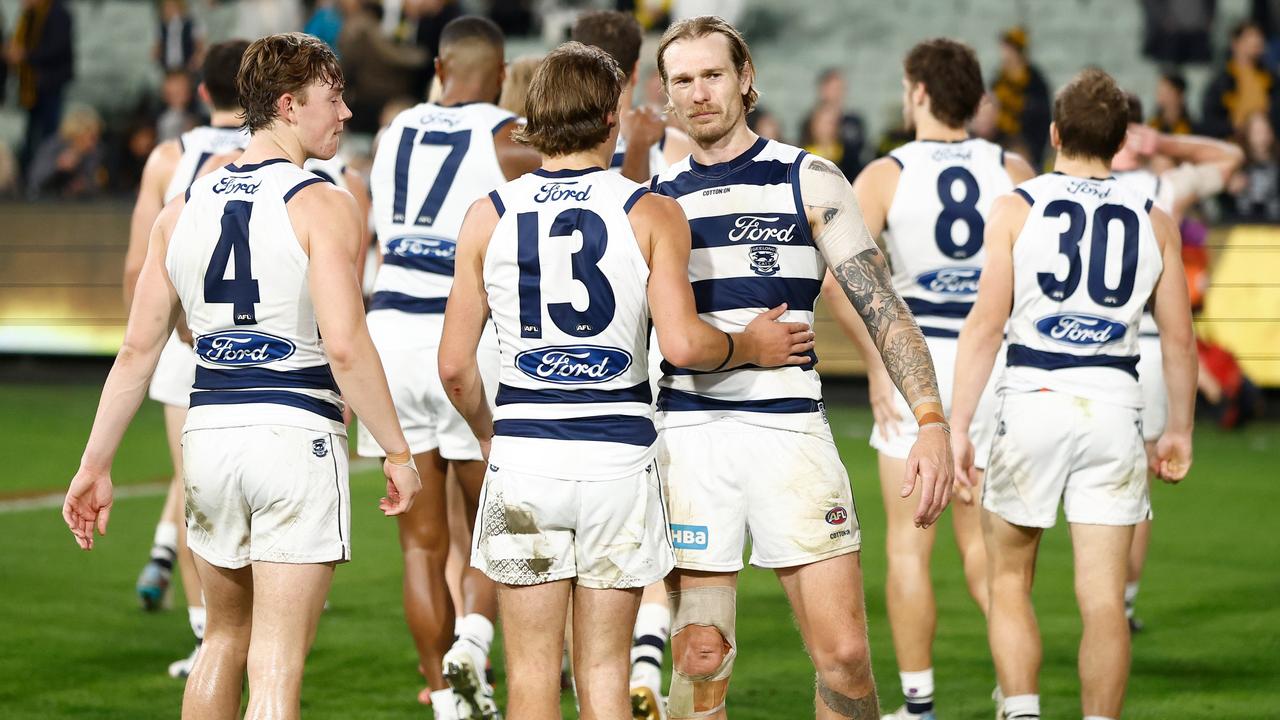 MELBOURNE, AUSTRALIA - MAY 12: Jhye Clark (left) and Tom Stewart of the Cats look dejected after a loss during the 2023 AFL Round 09 match between the Richmond Tigers and the Geelong Cats at the Melbourne Cricket Ground on May 12, 2023 in Melbourne, Australia. (Photo by Michael Willson/AFL Photos via Getty Images)