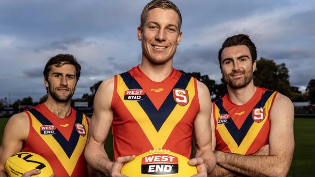 Last year’s SANFL state captain Joseph Sinor (middle) with his 2023 deputies Liam McBean (right) and Max Proud. Picture: Kelly Barnes