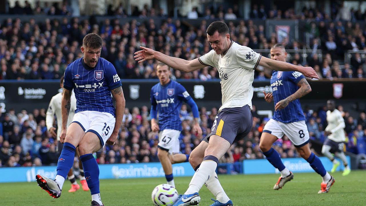 Cameron Burgess (left) attempts to block a pass from Everton’s Michael Keane in Ipswich’s 2-0 weekend loss. Picture: Julian Finney/Getty Images