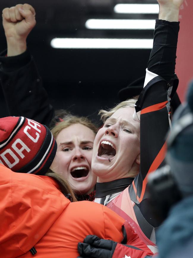 Alex Gough of Canada celebrates her bronze medal win the finish area after the women’s luge final at the 2018 Winter Olympics in Pyeongchang, South Korea, Tuesday, Feb. 13, 2018. Picture: AP