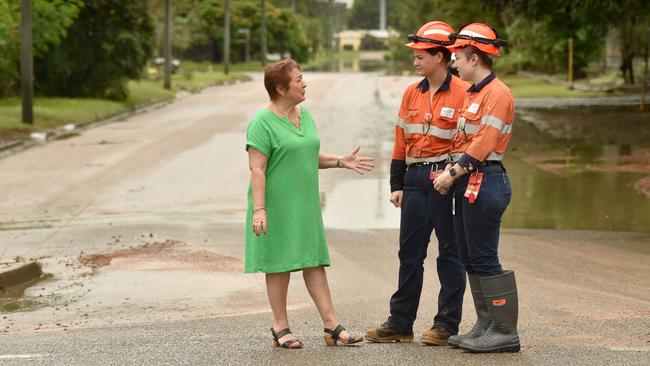 Burdekin Mayor Pierina Dalle Cort in Giru with Wilmar workers Kaydee Jordan and Ashleigh McCanna in Mill Street, Giru. Picture: Evan Morgan