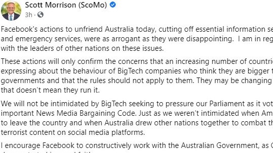 Scott Morrison’s post on Facebook.