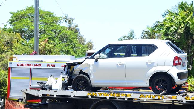 Traffic along University Drive, Annandale was brought to a standstill after a two vehicle crash ended with a car on its side. Picture: KATE BANVILLE