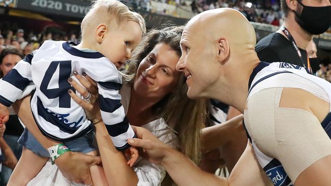 Gary Ablett with son Levi and wife Jordan after the Grand Final. Picture: Sarah Reed