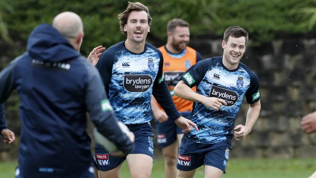 Luke Keary (right) during NSW Blues training at the Wyong Rugby League Club on the NSW Central Coast. Picture: Jonathan Ng