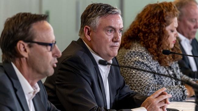 Eddie McGuire at the Collingwood Football Club press conference discussing the release of the club's CGC Better Report. Picture: Jake Nowakowski