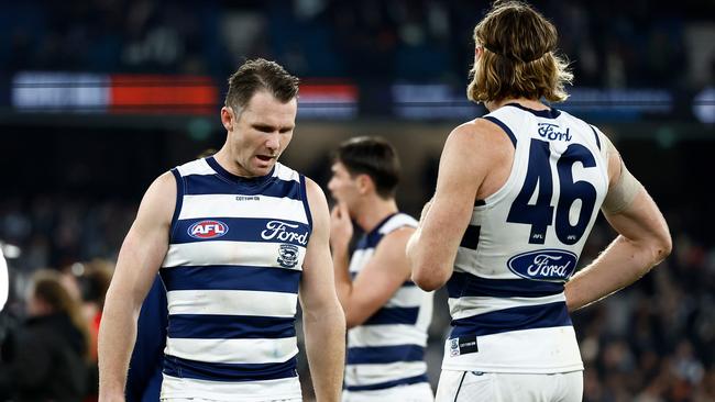 Patrick Dangerfield and Mark Blicavs after the loss to Carlton. Picture: Michael Willson/AFL Photos via Getty Images