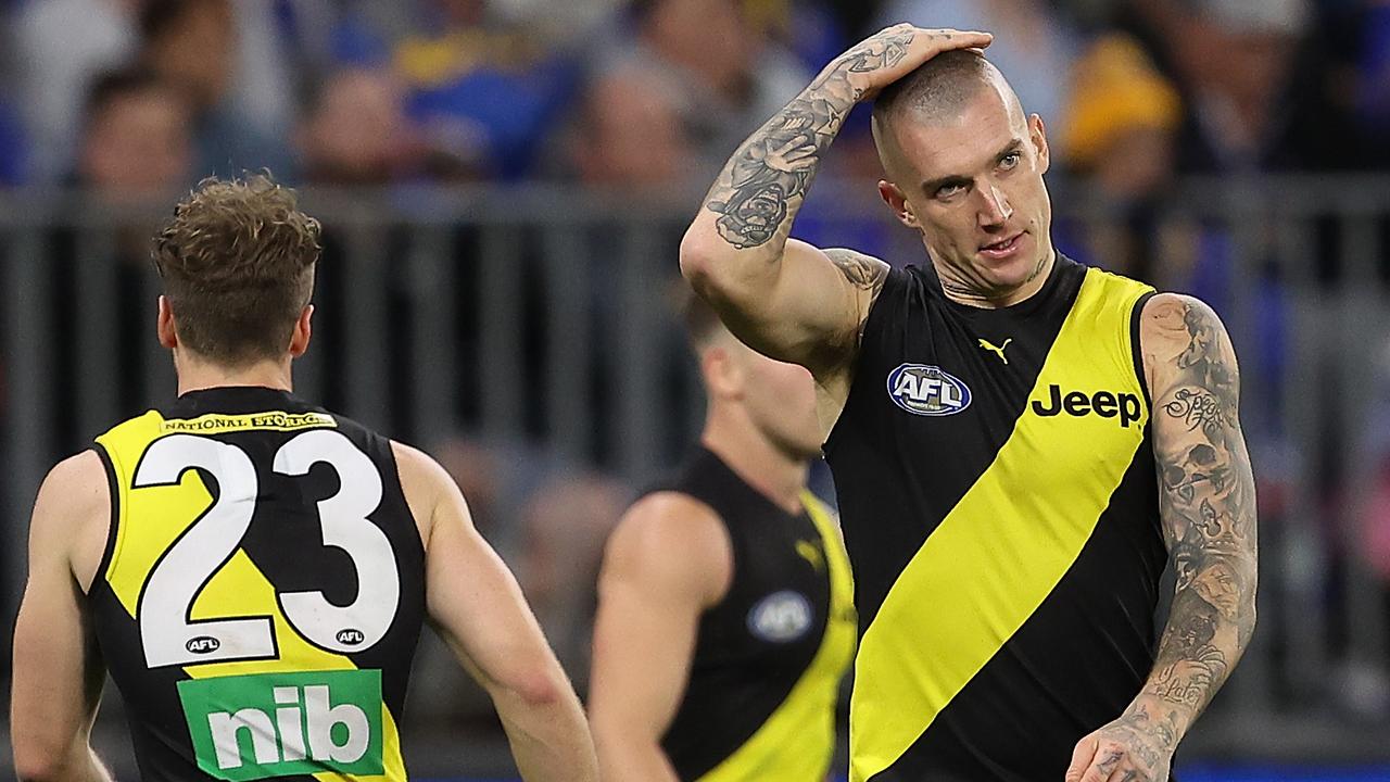 Richmond’s Dustin Martin during the Tigers’ loss to West Coast. Picture: Paul Kane/Getty Images