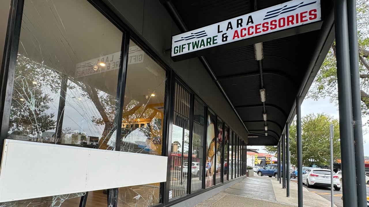 The Lara smoke shop’s smashed window. Picture: Alison Wynd