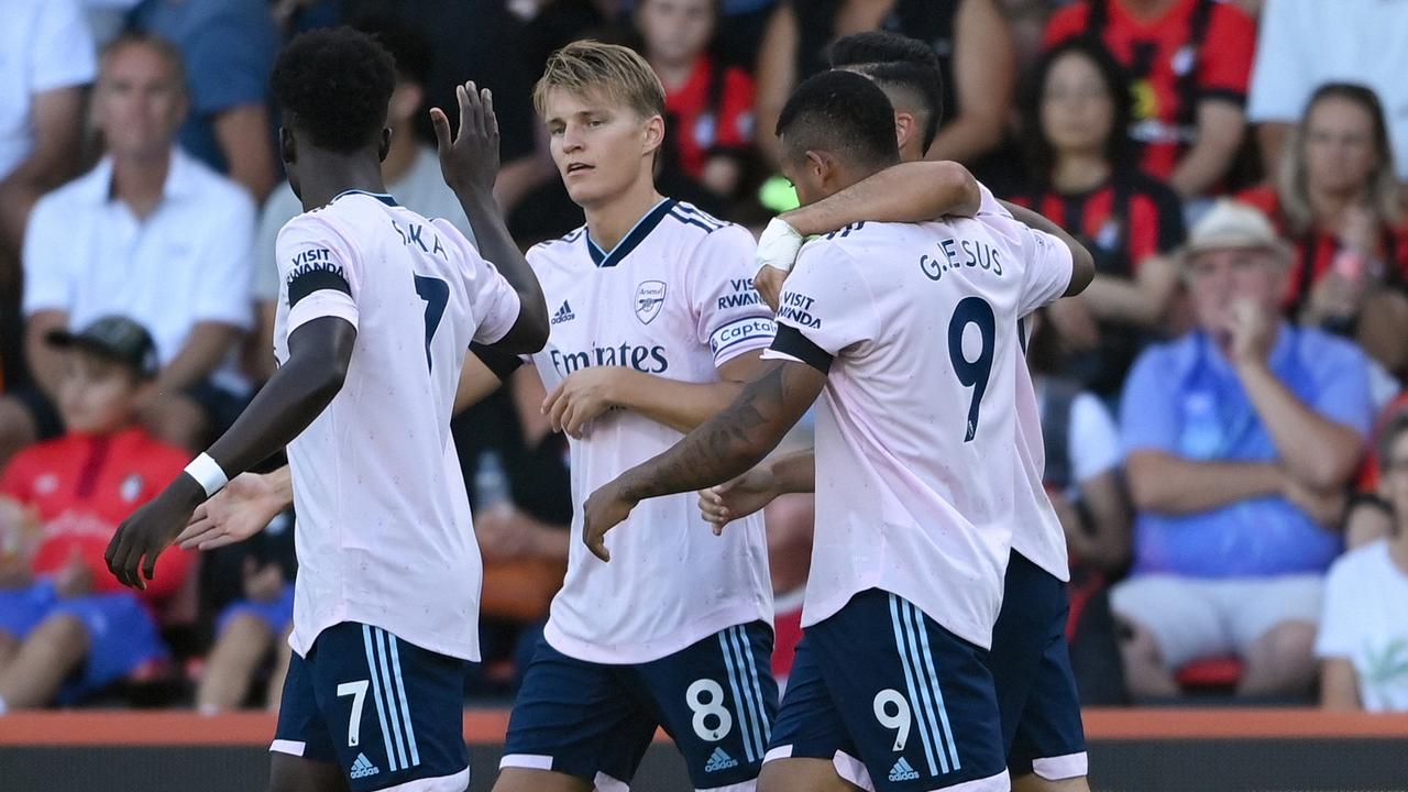 BOURNEMOUTH, ENGLAND - AUGUST 20: Martin Oedegaard of Arsenal celebrates their sides first goal with team mate Bukayo Saka during the Premier League match between AFC Bournemouth and Arsenal FC at Vitality Stadium on August 20, 2022 in Bournemouth, England. (Photo by Alex Davidson/Getty Images)