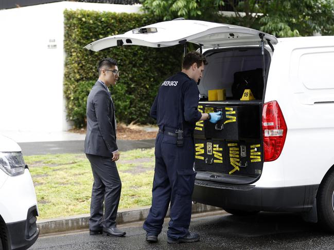 Police and forensics pictured outside an apartment building on Figtree Drive in Sydney Olympic park where a man was shot around 3am this morning. Picture: NewsWire / Damian Shaw