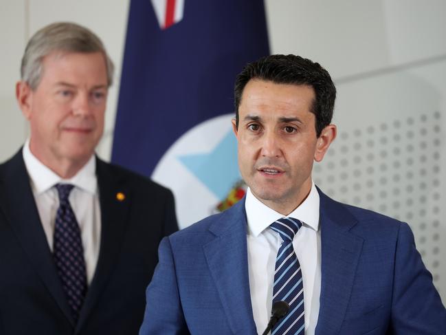 Minister for Health and Ambulance Services Tim Nicholls and Premier David Crisafulli, during a media conference, Brisbane. Picture: Liam Kidston