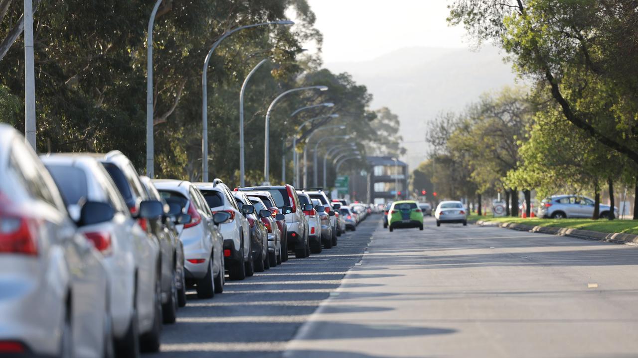 Cars line up on Greenhill Road, Adelaide. Picture: NCA NewsWire / David Mariuz