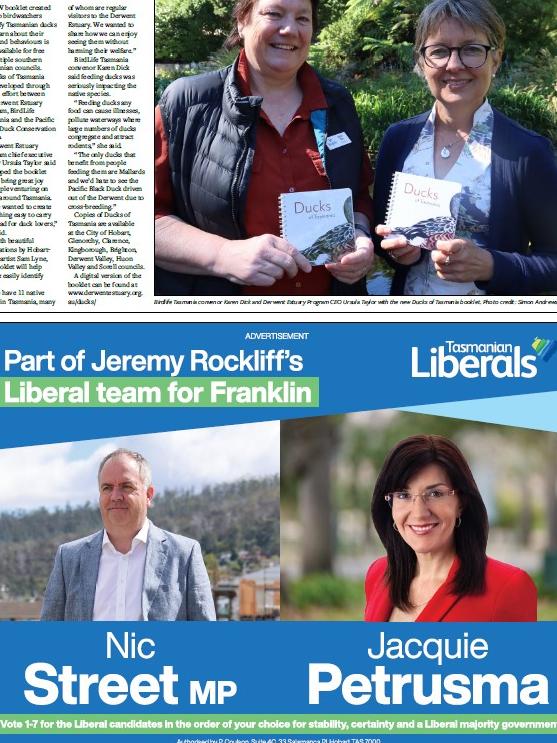 Liberal advertising in the Eastern Shore Sun February 2024 edition featuring former Liberal member for Franklin Jacquie Petrusma. Picture: supplied