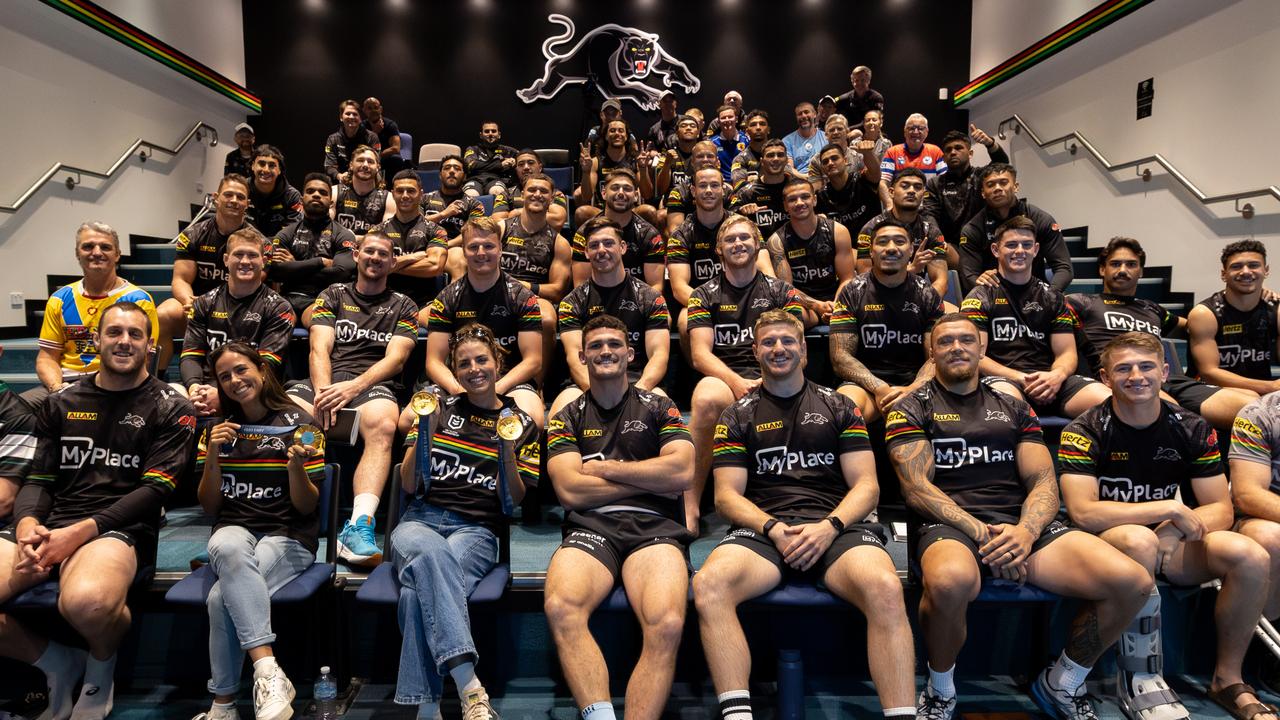 The Fox sisters visited the Panthers on Monday morning to show off their gold medals and chat with the team ahead of the NRL finals. Picture: Panthers Media