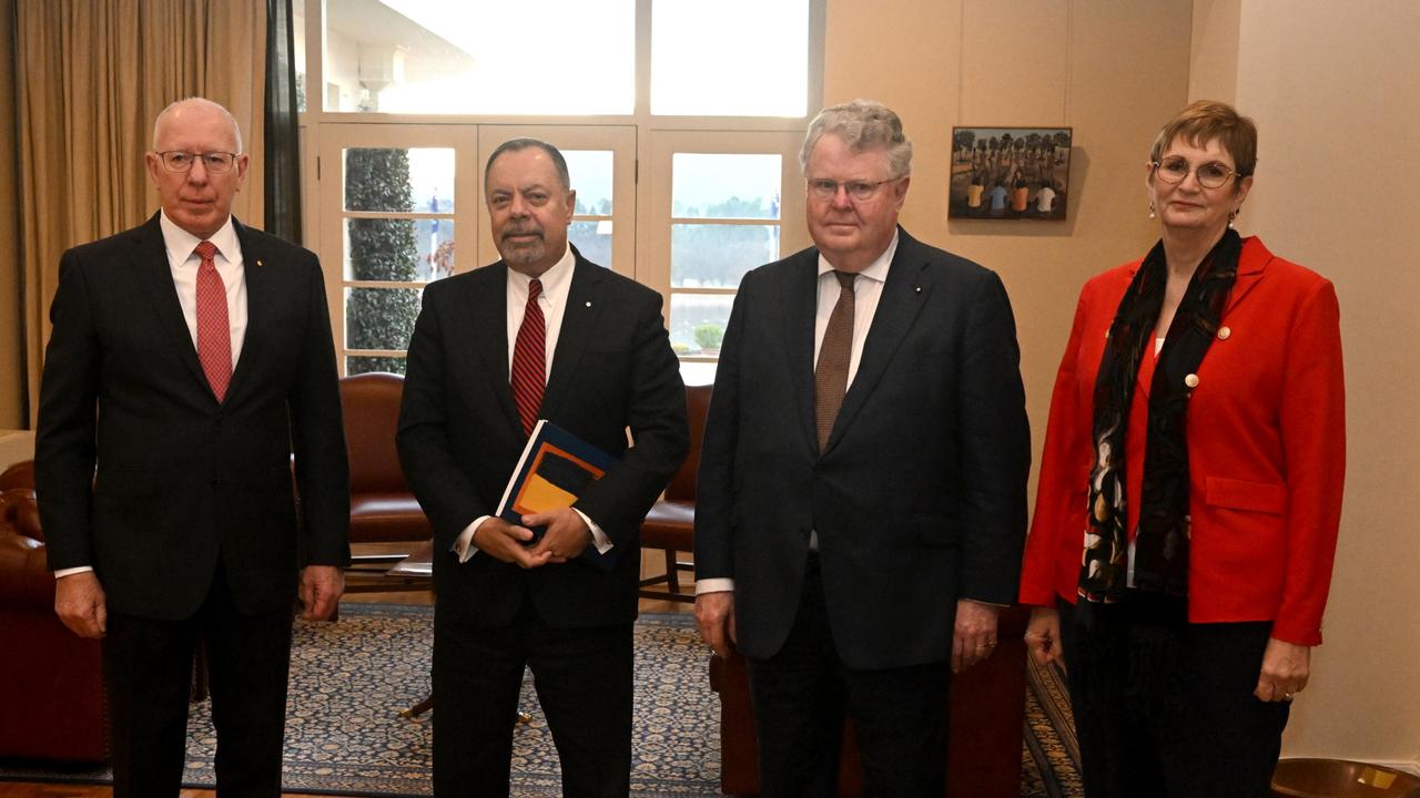 Royal Commission into Defence and Veteran Suicide commissioners Nick Kaldas, James Douglas and Dr Peggy Brown at Government House to hand over their interim report to Governor-General David Hurley on Thursday. Picture: Mick Tsikas