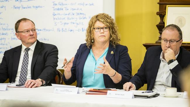 State Housing Minister Roger Jaensch, left, Hobart Lord Mayor Anna Reynolds and Hobart City Council general manager Nick Heath at the homelessness crisis forum. Picture: RICHARD JUPE