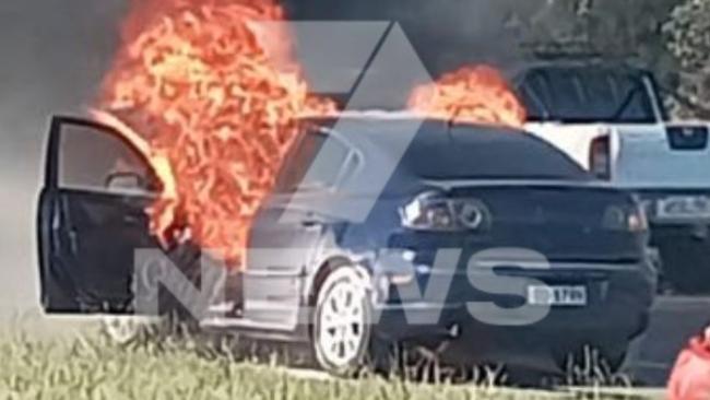 A teenager has told of the moment her car burst into flames on the Salisbury Highway just minutes after she purchased it from a second-hand dealer. Picture: 7NEWS