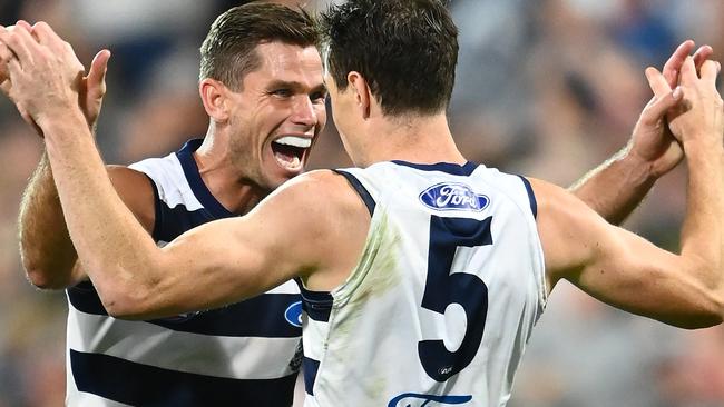 Fired up star forwards Tom Hawkins and Jeremy Cameron celebrate a Cats goal. Picture: Getty Images