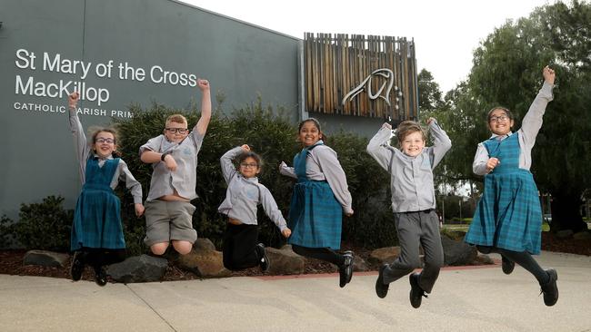 Students Mia, Joseph, Ranell, Sayumi, Ethan and Joanna at St Mary of the Cross MacKillop Catholic Parish Primary School in Epping. Picture: Hamish Blair