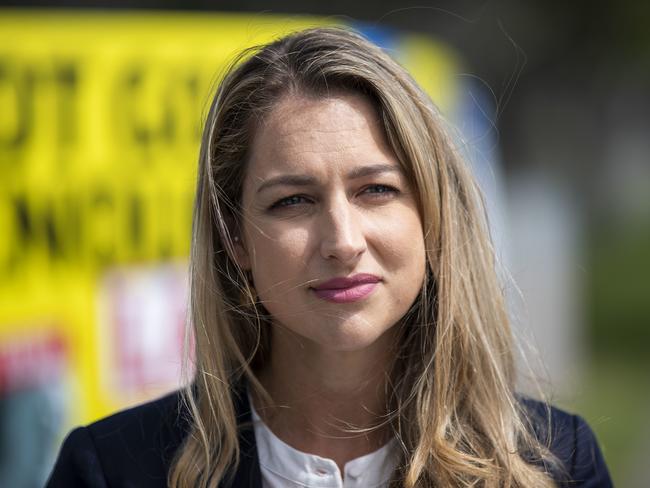 LNP candidate Laura Gerber arrives at Elanora High School to vote in the Currumbin by-election, Saturday, March 28, 2020. By-elections will be held in the Queensland state seats of Currumbin and Ipswich to replace retiring LNP MP Jann Stuckey and Labor MP Jo-Anne Miller, months before a general state election. (AAP Image/Glenn Hunt) NO ARCHIVING