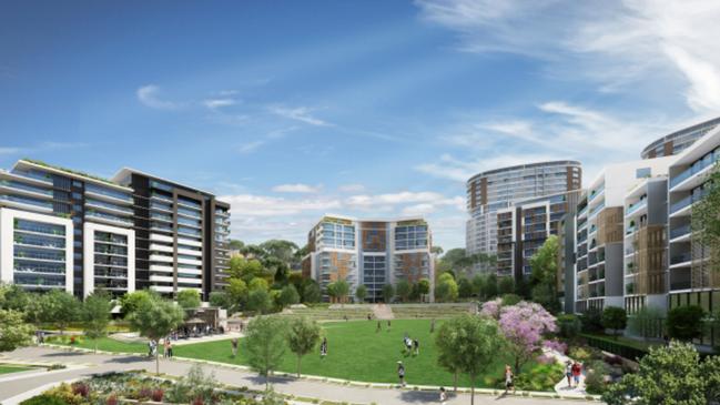 Artist impressions of GROSVENOR PARK at West Pennant Hills which could include 15 residential towers and 25 townhouses. at the corner of Coonara Ave and Castle Hill Rd.