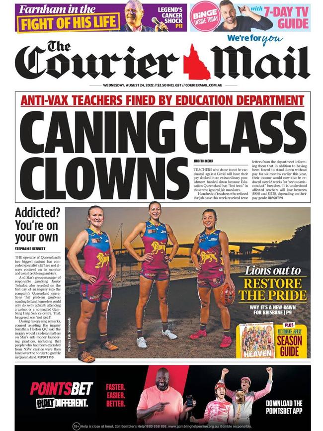 The Courier-Mail front page on August 24.