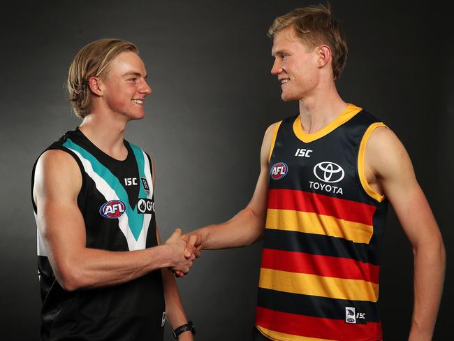 Port Adelaide’s Miles Bergman and Adelaide’s Fischer McAsey shake hands. Picture: Michael Klein.