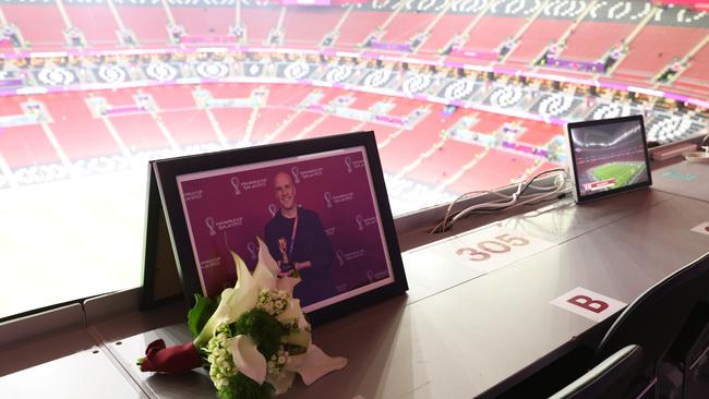 Flowers are placed in memory of Grant Wahl at Al Bayt Stadium in Al Khor, Qatar. Picture: Clive Brunskill/Getty Images