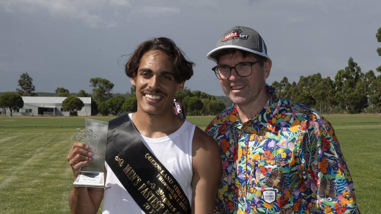 Leroy Dempsey, Wagners fastest male footballer 75 yards and Geoff McDonald. The Arthur Postle Gift at Pittsworth. Saturday 18th January, 2025. Picture: Nev Madsen.