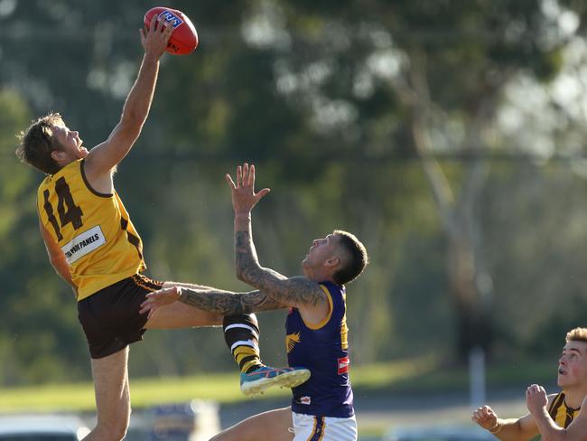 Rowville ruckman Nick Schonenmakers wins a tap out. Picture: Stuart Milligan