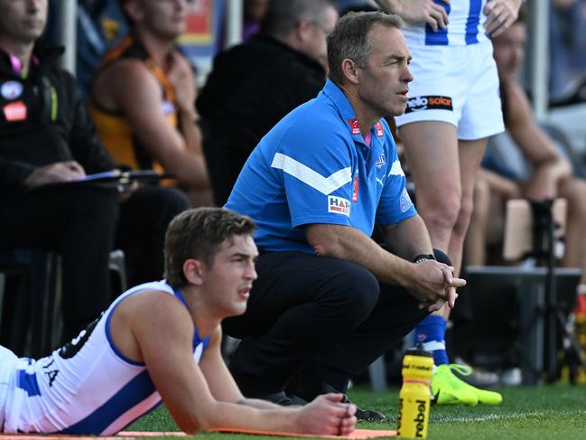 Clarkson watches from the bench during a game against his former club in 2023.