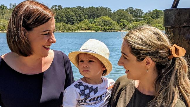 Queensland LNP Opposition Leader Deb Frecklington with Currumbin candidate Laura Gerber and her two-year-old son Tom. Picture: Luke Mortimer