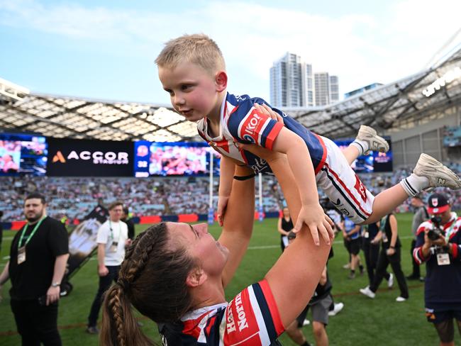 Jessica Sergis, with Sam Bremner’s son Reef. Picture: NRL Imagery