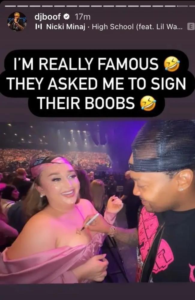 Minaj's tour DJ was asked to sign a woman's chest during the star's last performance. Picture: Instagram.